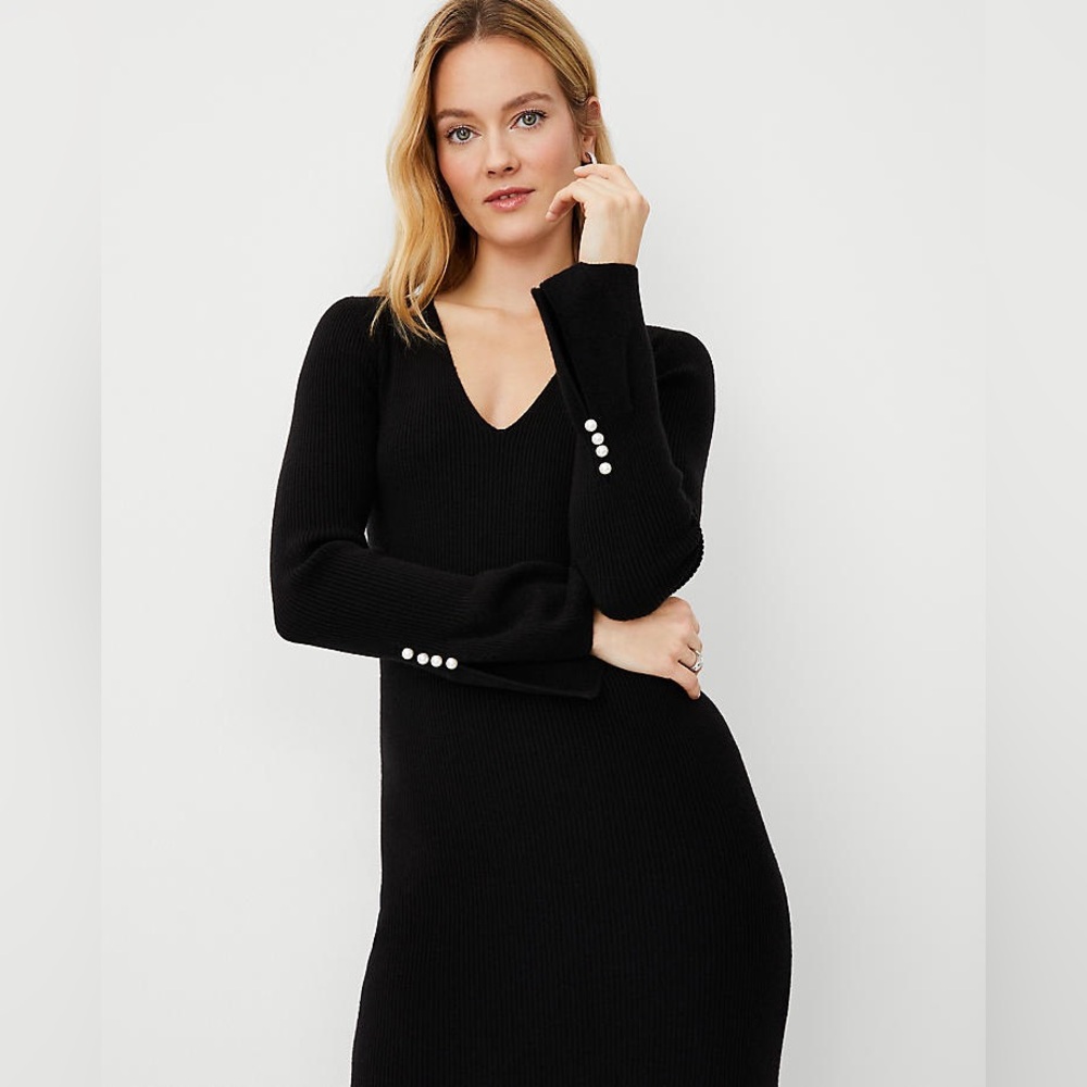 Ann Taylor Pearlized Button Cuff V-Neck Sweater Dress